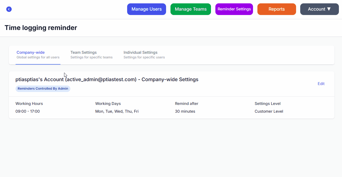 Administrator-controlled PTIAS desktop reminder settings for working hours and teams