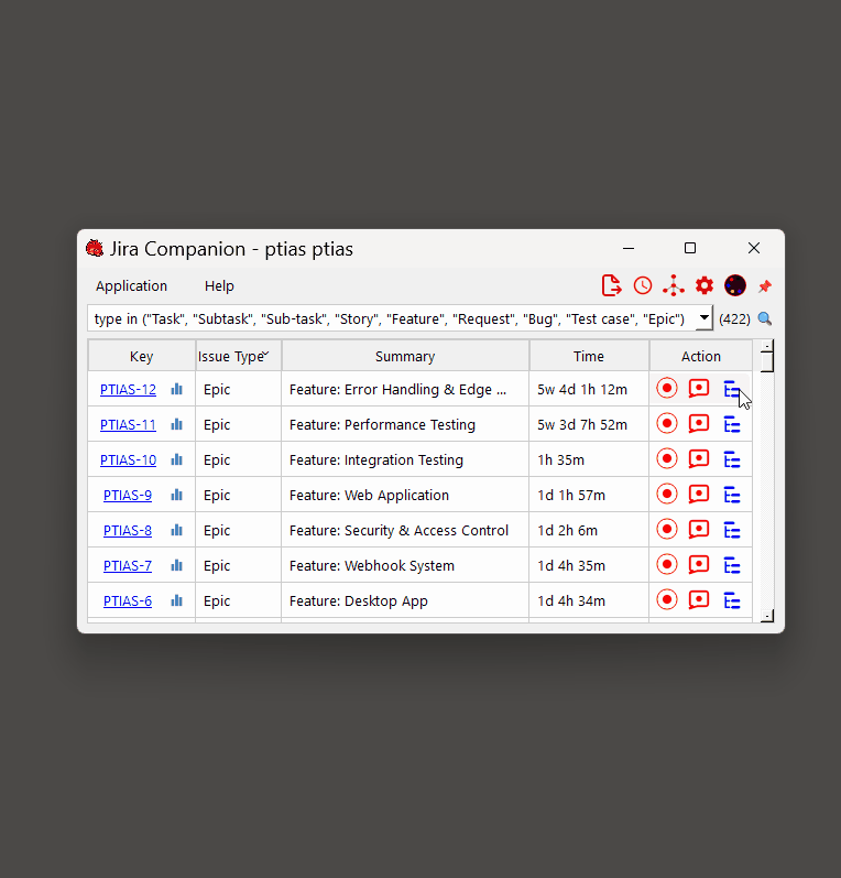 PTIAS desktop app creating child Jira issues with dependency links for Gantt-style planning in Jira