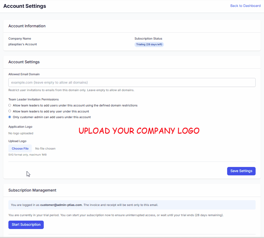 PTIAS desktop app branded with your company's logo on the main window, floating widget, and system tray